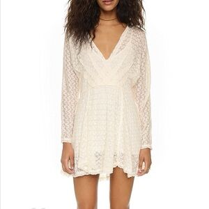 Free People Cream Lace V-Neck Long Sleeve Mini Dress